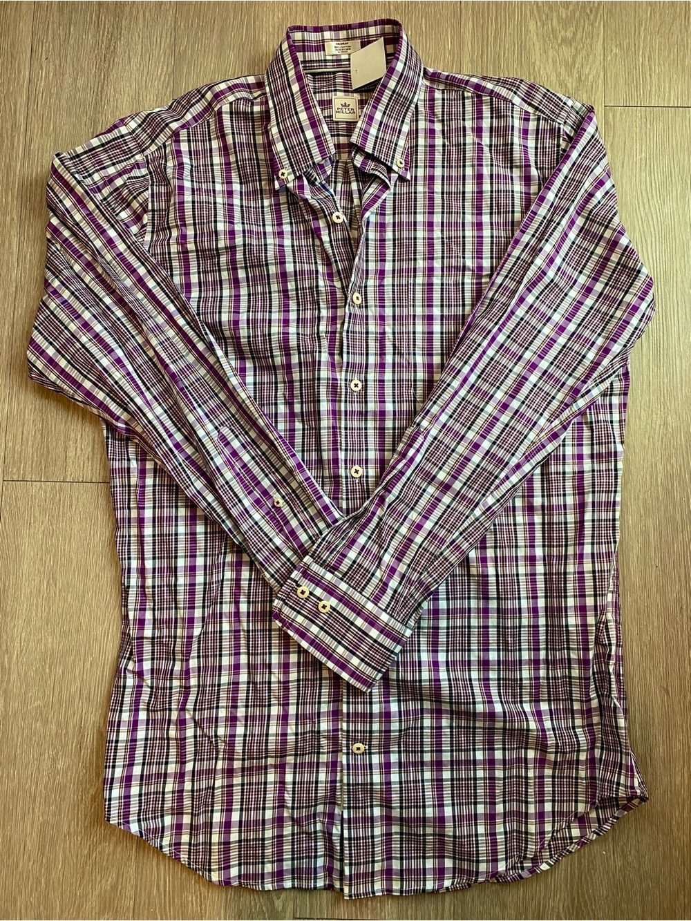 Peter Millar Mens Medium Purple White Plaid Button Down Classic 100% Cotton